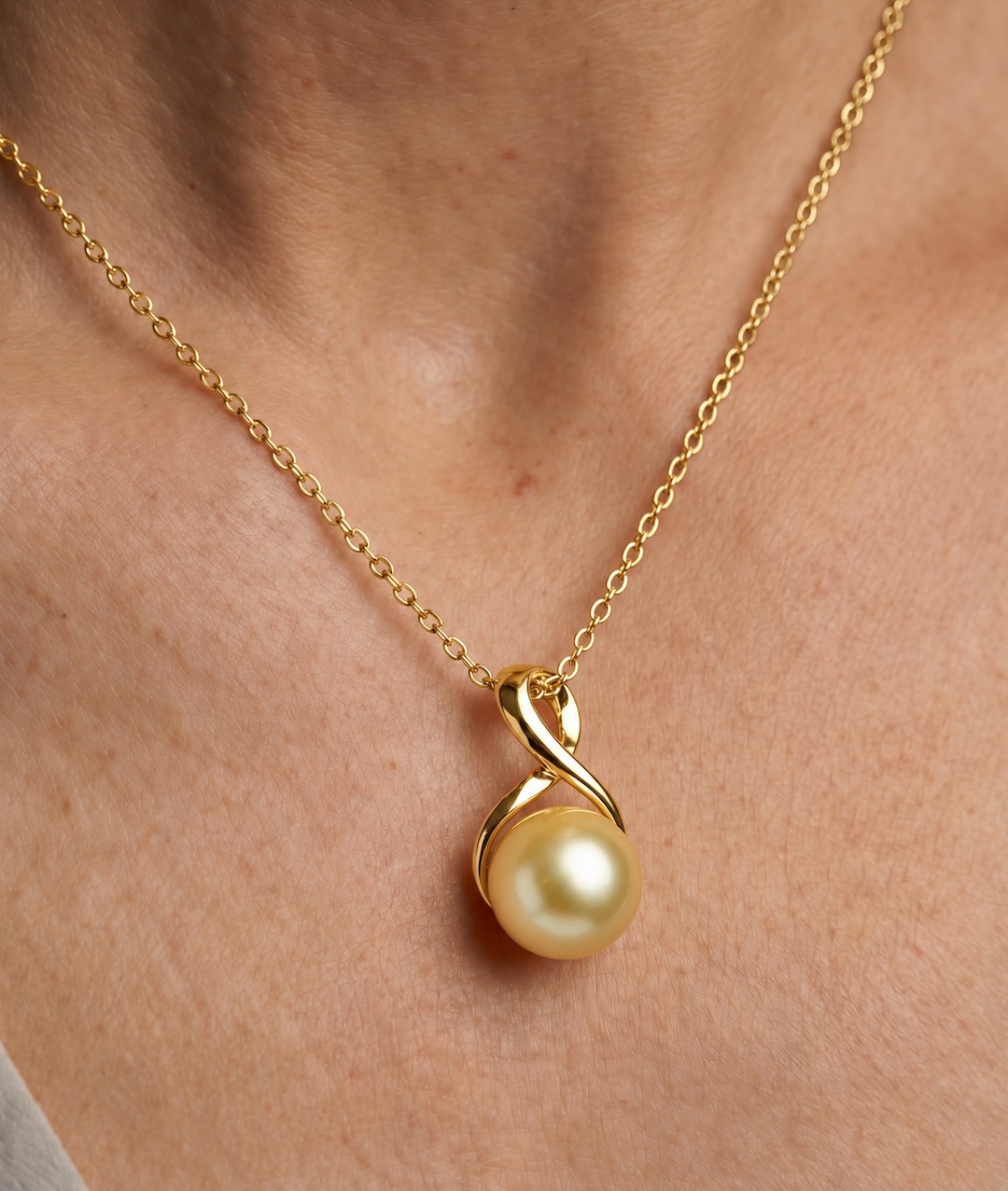 Golden South Sea Pearl Infinity Pendant - Model Image