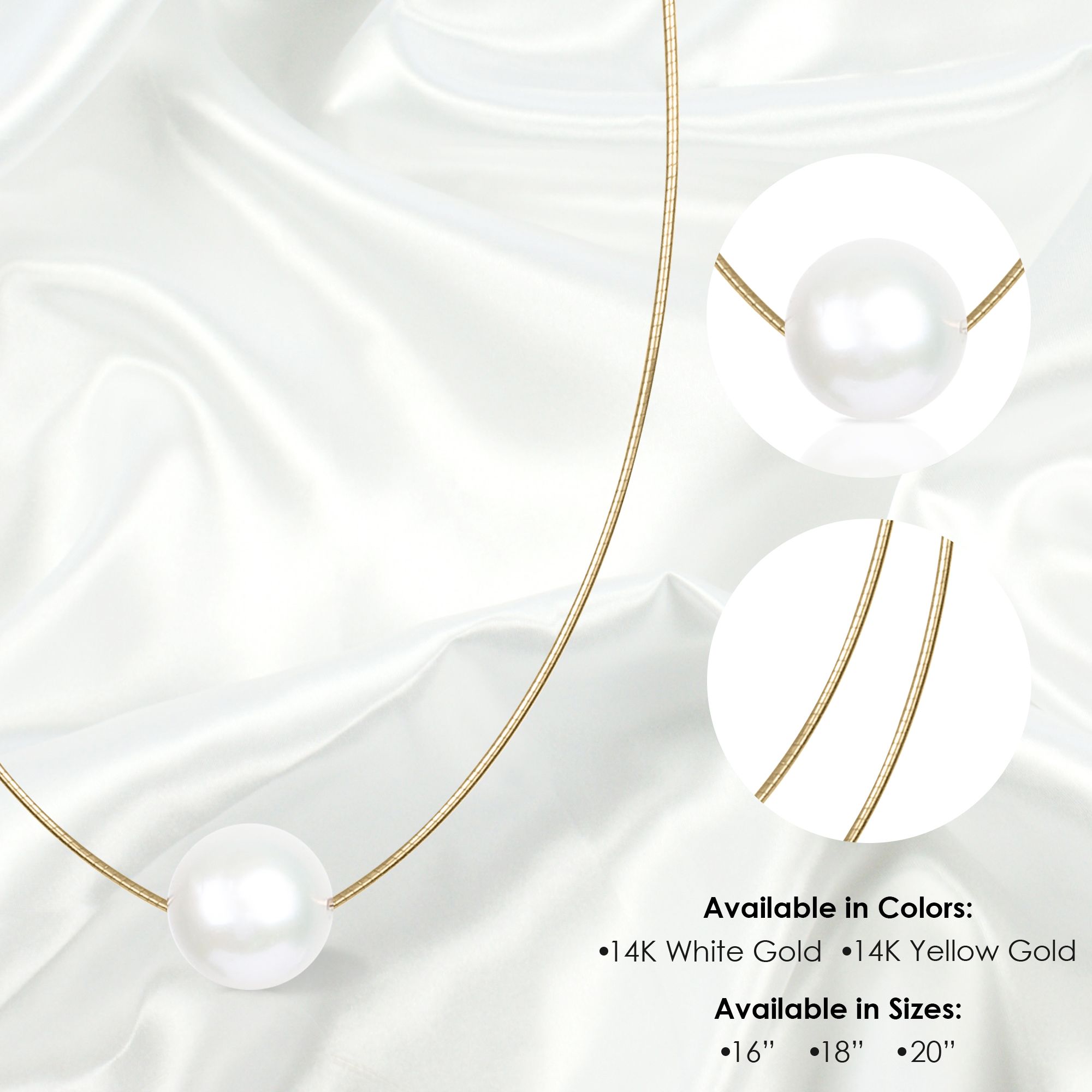 14K Round Omega Large White 13mm Pearl Solitaire Necklace