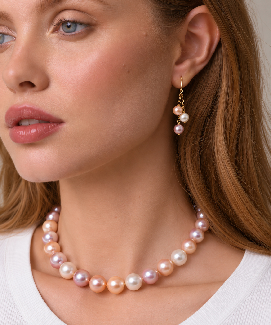 11.5-12.5mm Freshwater Multicolor Pearl Necklace - AAAA Quality - Model Image