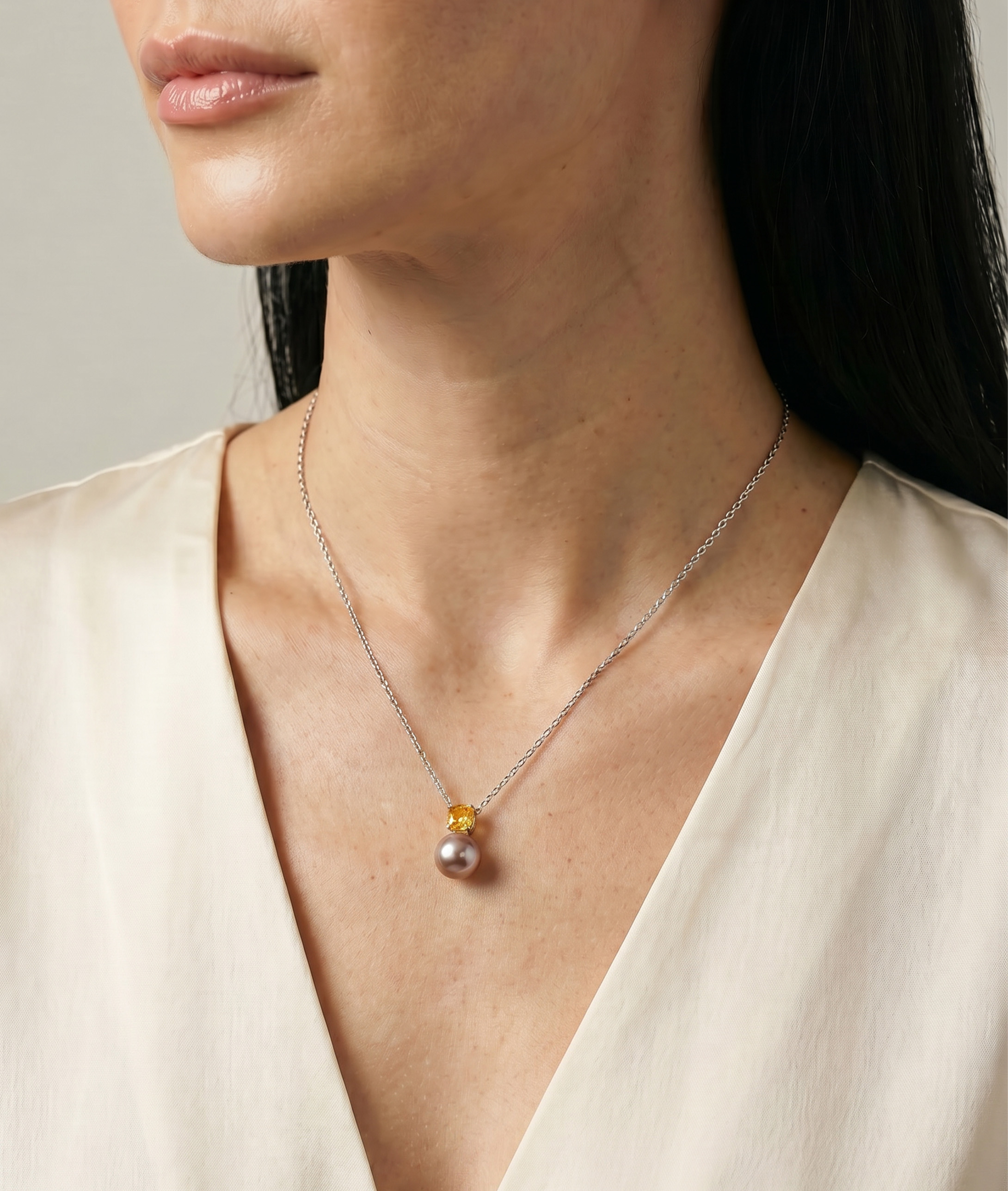 14K Gold Freshwater Pearl & Citrine Pendant - Model Image