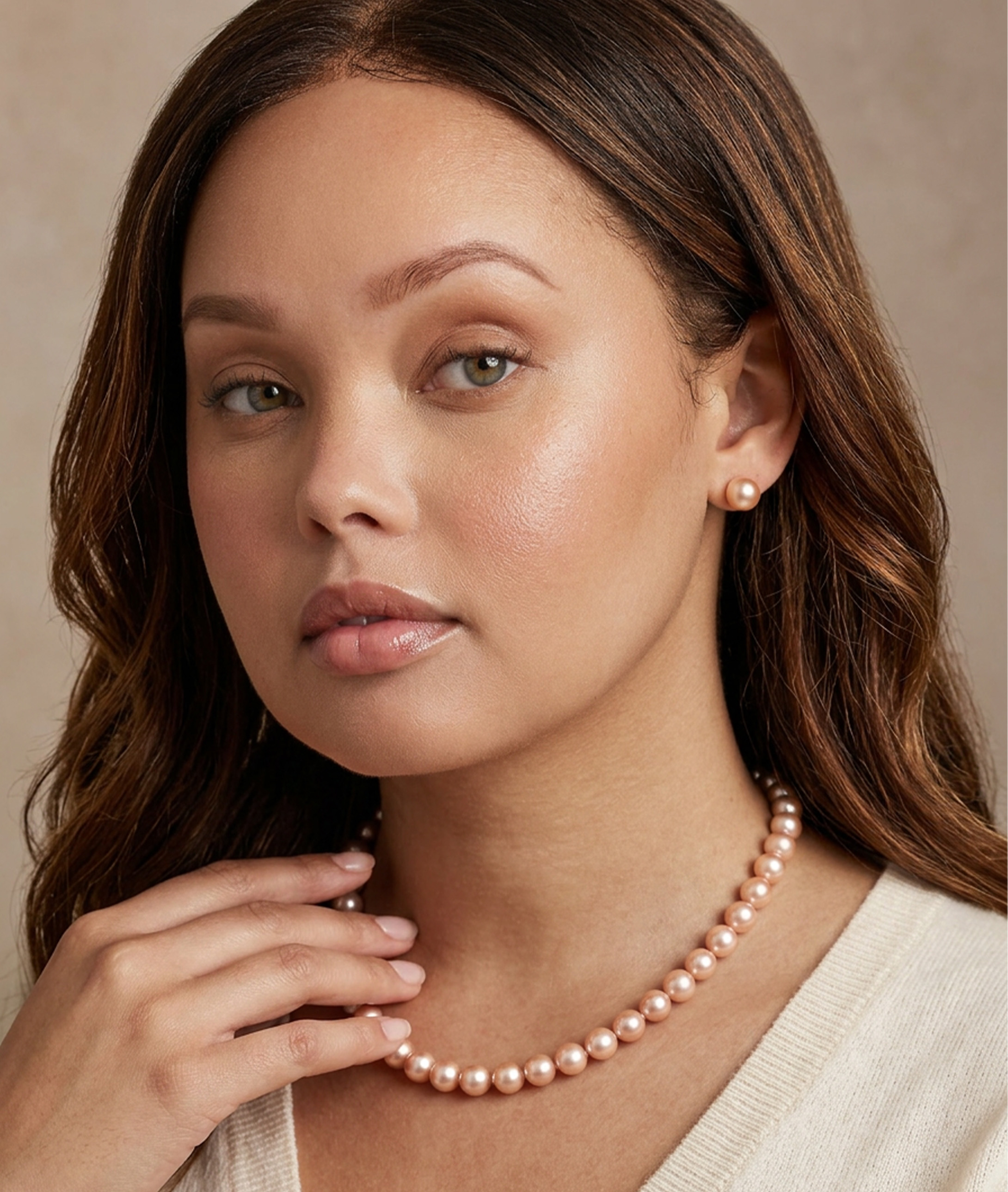 10mm Peach Freshwater Round Pearl Stud Earrings - Model Image