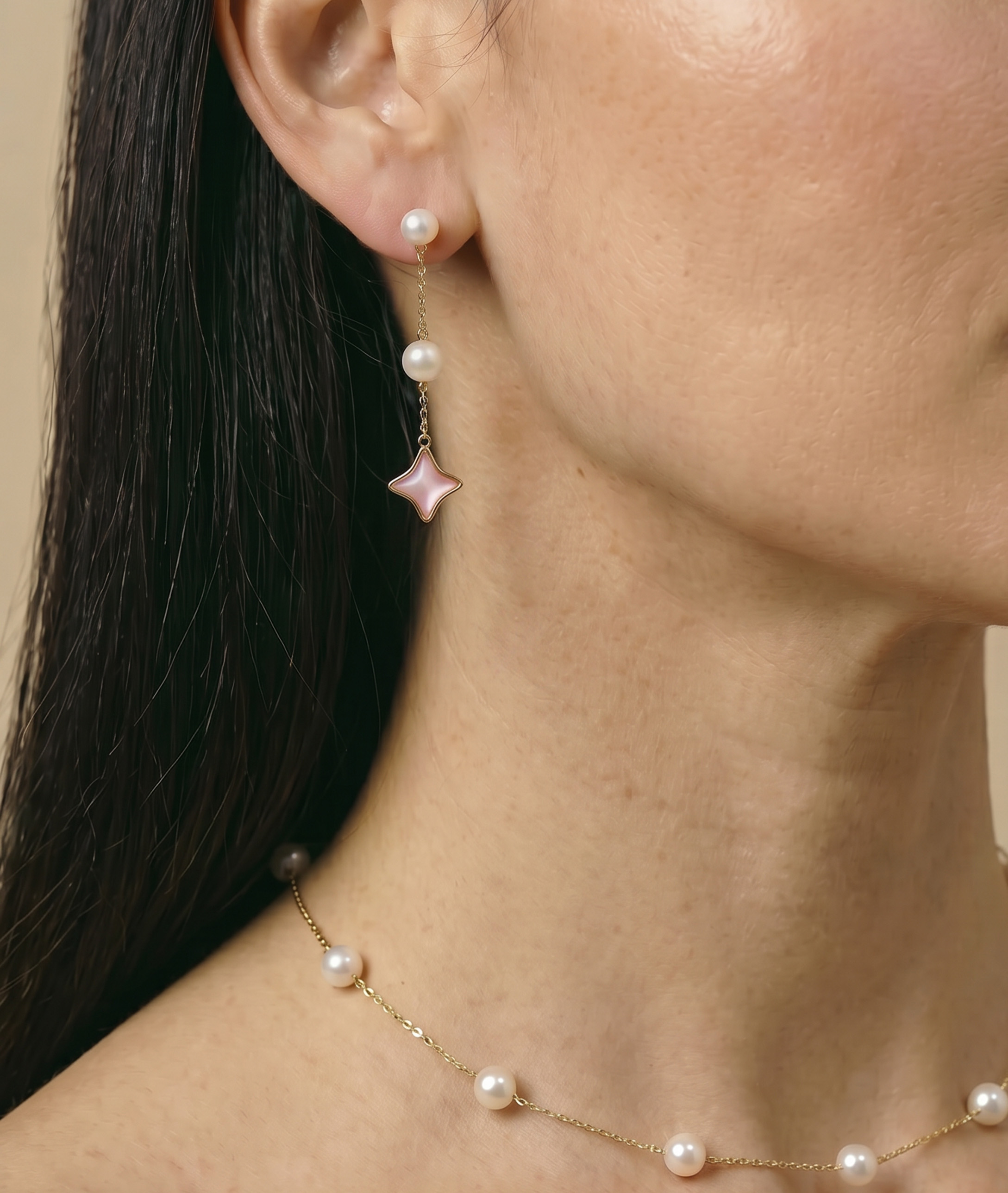 White Freshwater Pearl Anika Earrings - Model Image