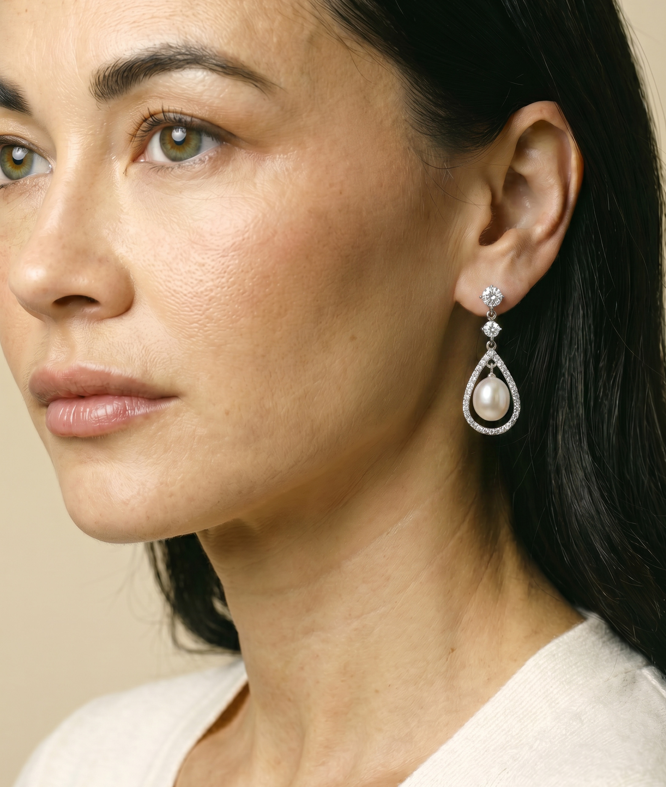 White Freshwater Pearl Dazzel Earrings - Model Image