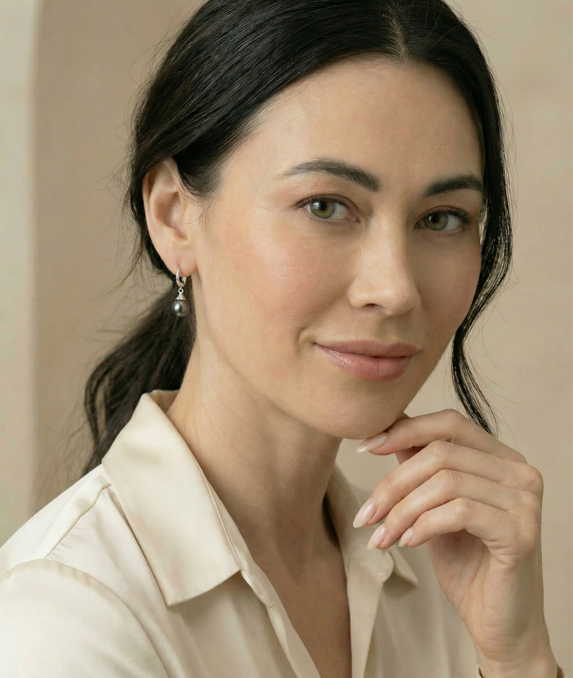 Silver Tahitian South Sea Teardrop Pearl Leverback Earrings - Model Image