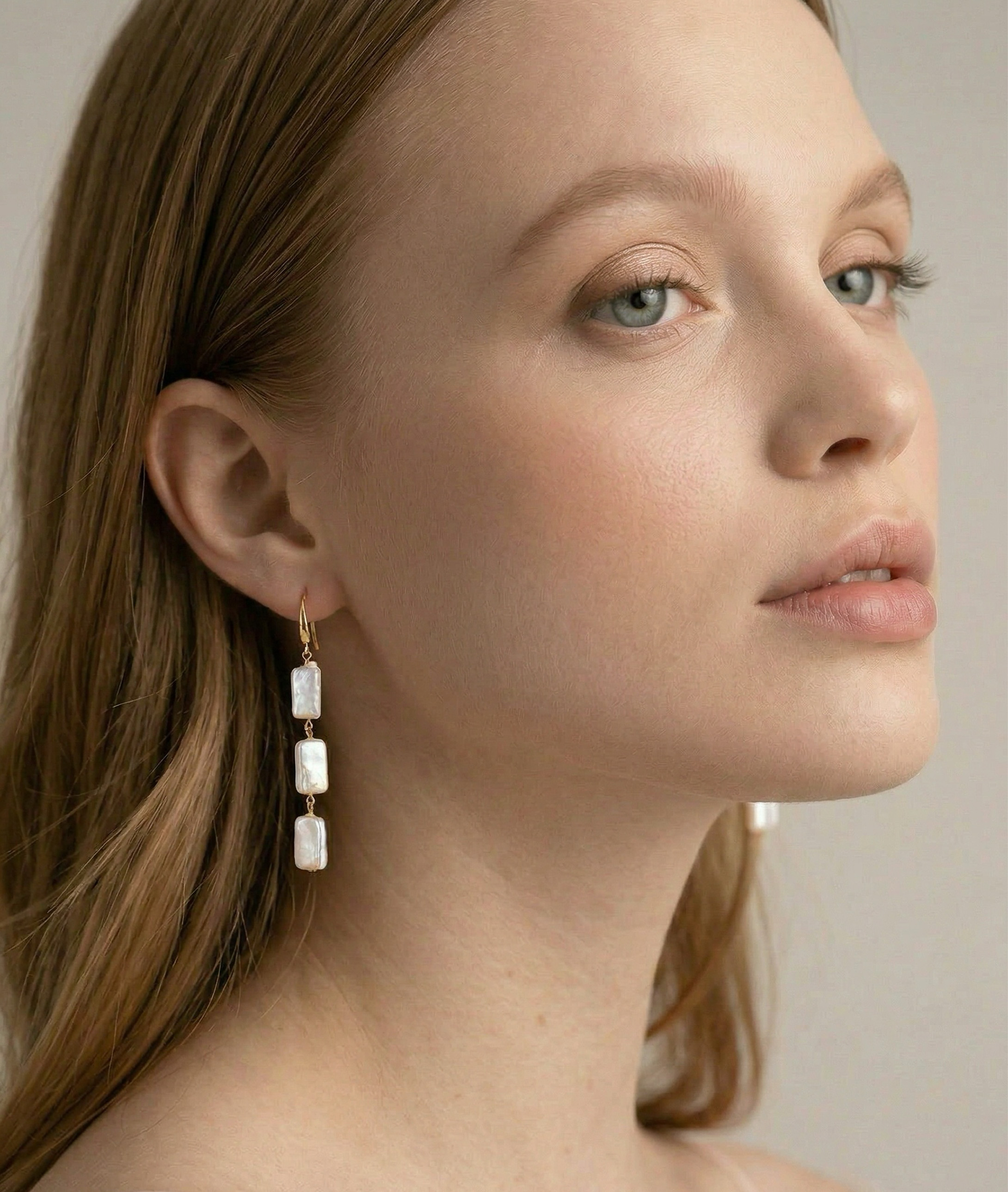 Triple White Freshwater Baroque Pearl Jaylene Earrings - Model Image
