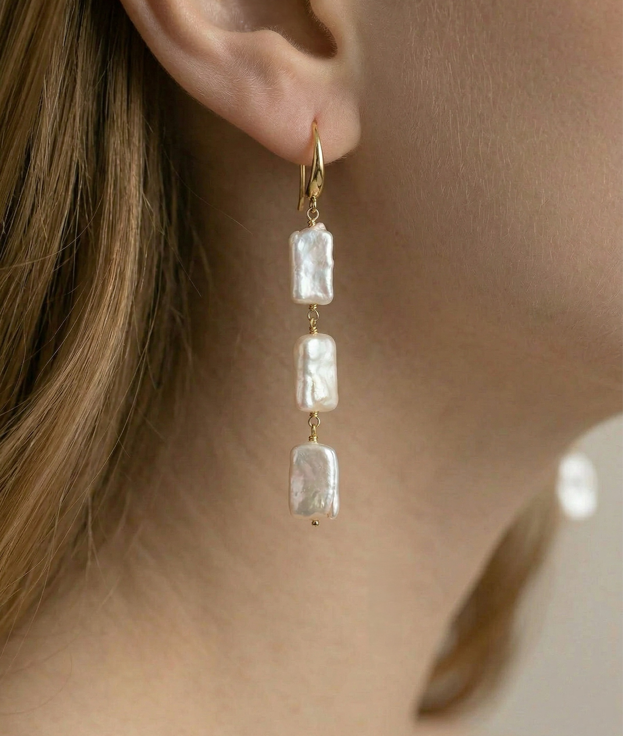 Triple White Freshwater Baroque Pearl Jaylene Earrings - Secondary Image