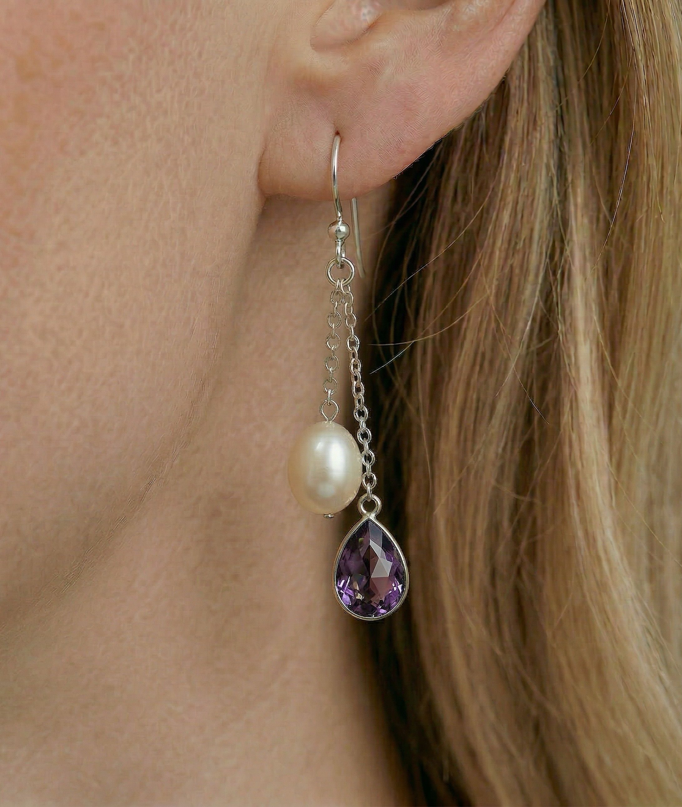 White Freshwater Drop Shape Cultured Pearl & amethyst Earrings - Secondary Image