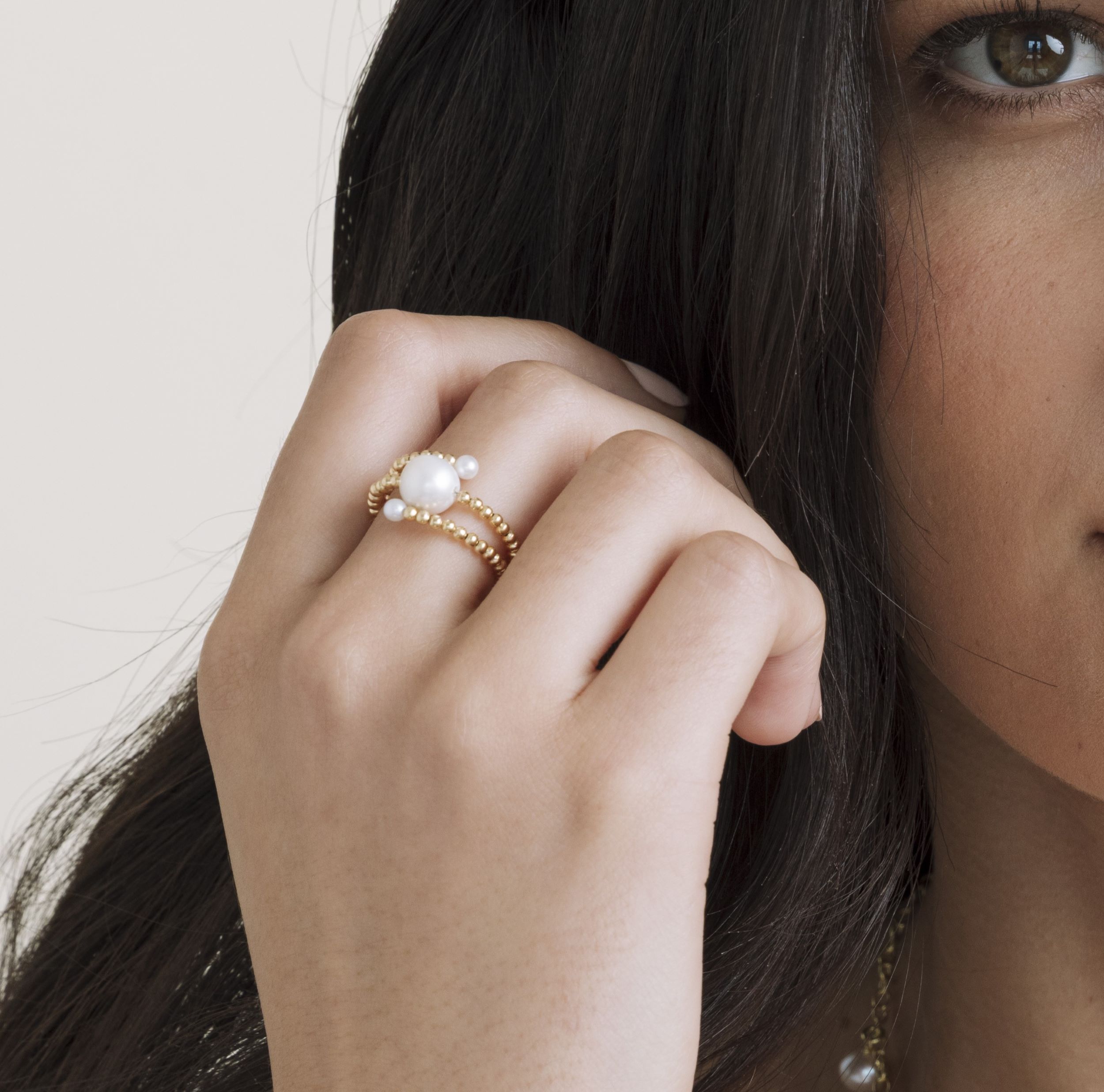 18K Gold White Freshwater Pearl Beaded Shay Ring
