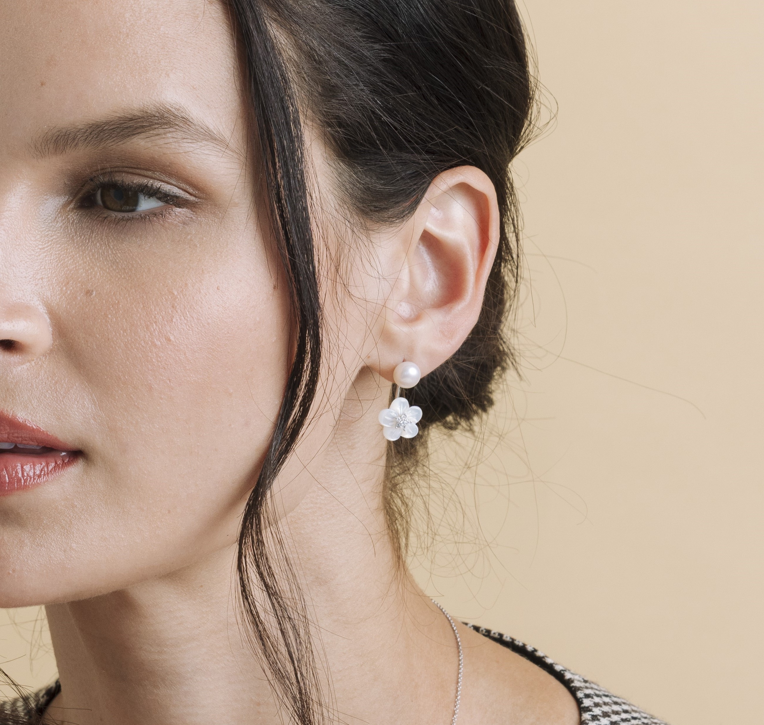 White Freshwater Pearl Removable Mother of Pearl Orchid Flower Earrings