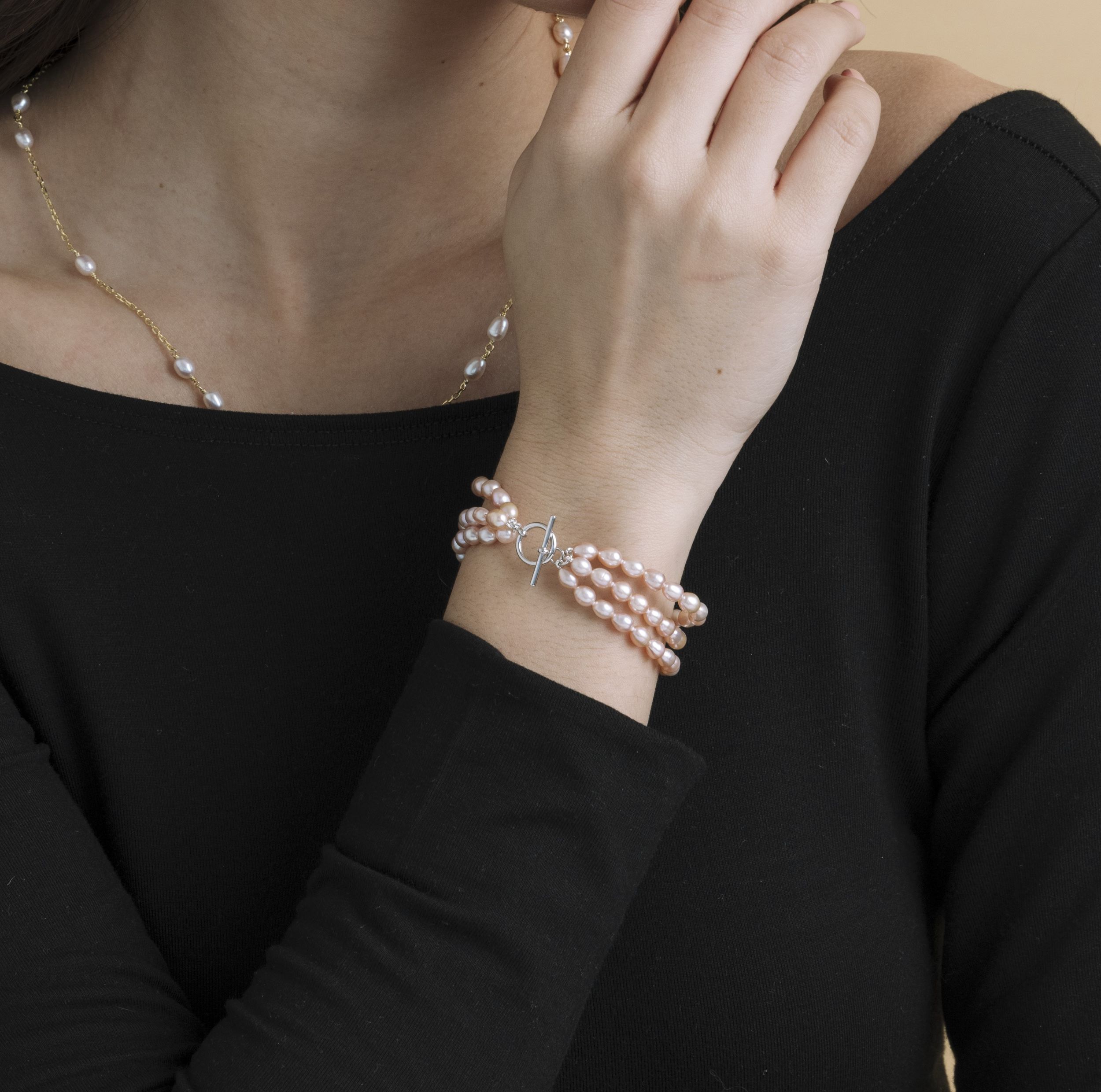 4-5mm Oval Pink Freshwater Pearl Triple Pearl Bracelet