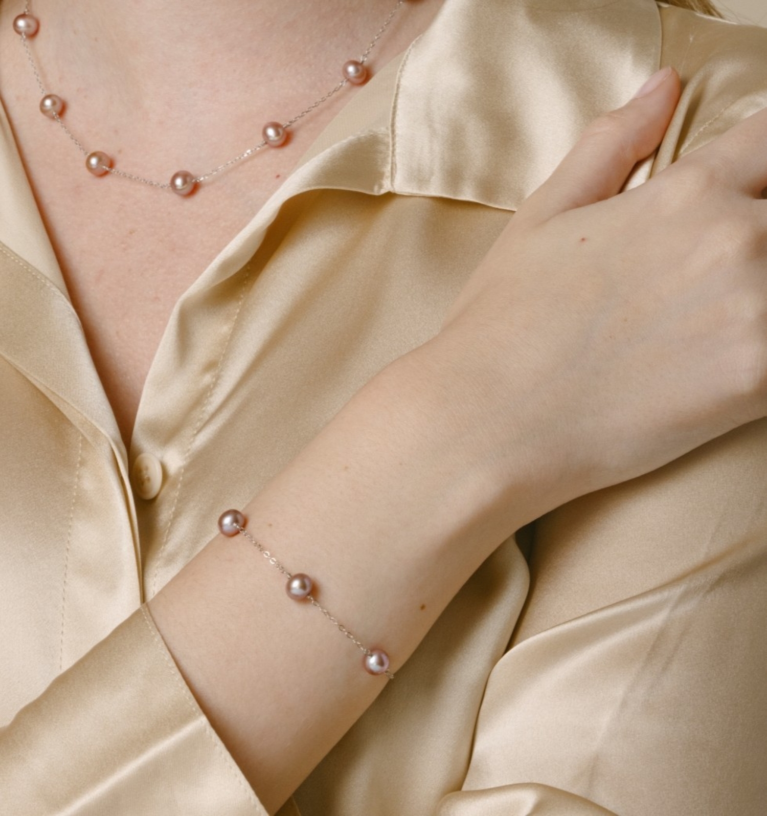 14K Gold Pink Freshwater Pearl Tincup Bracelet - Model Image