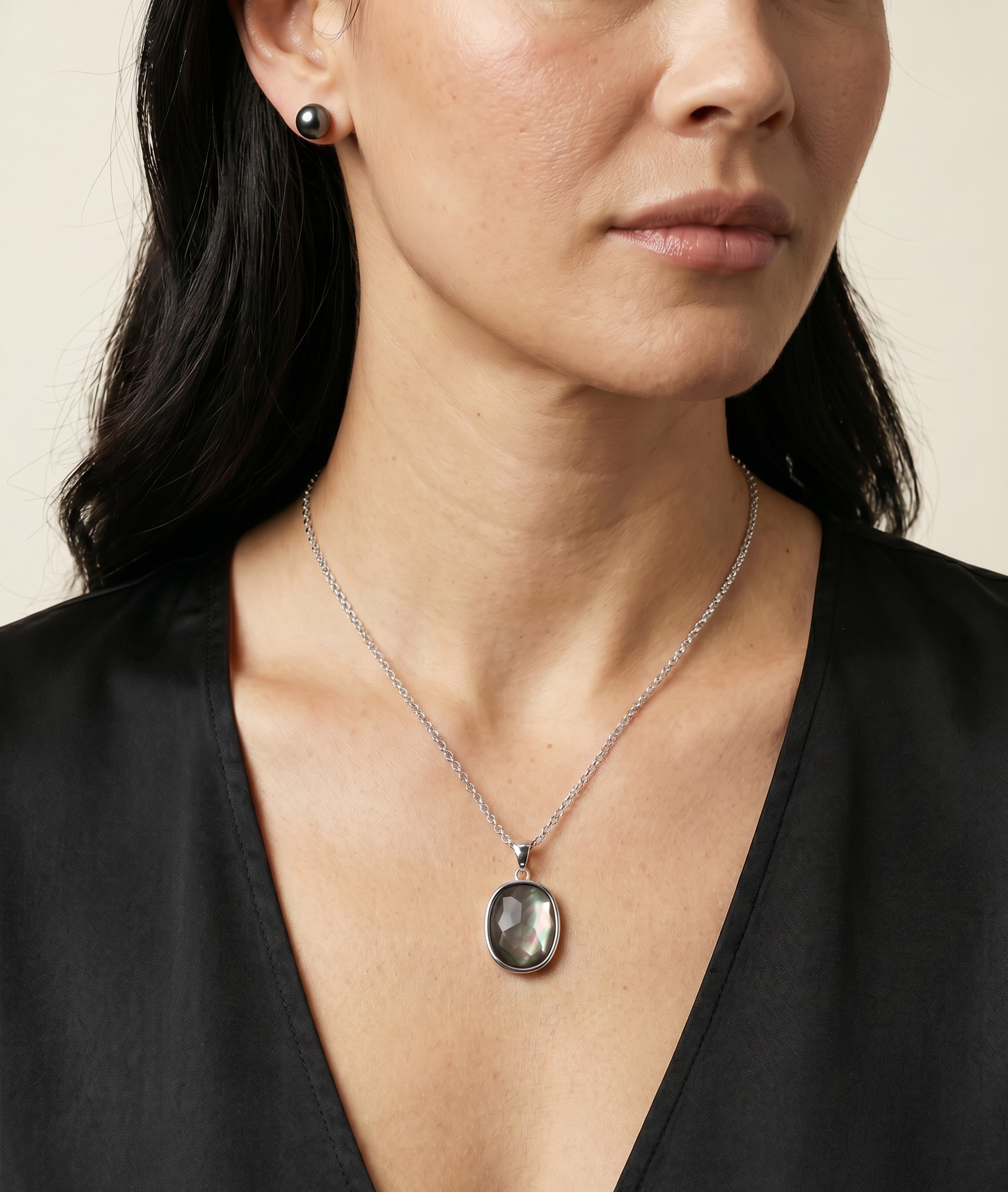 Black Mother of Pearl Cultured Pearl Peyton Pendant Necklace - Model Image