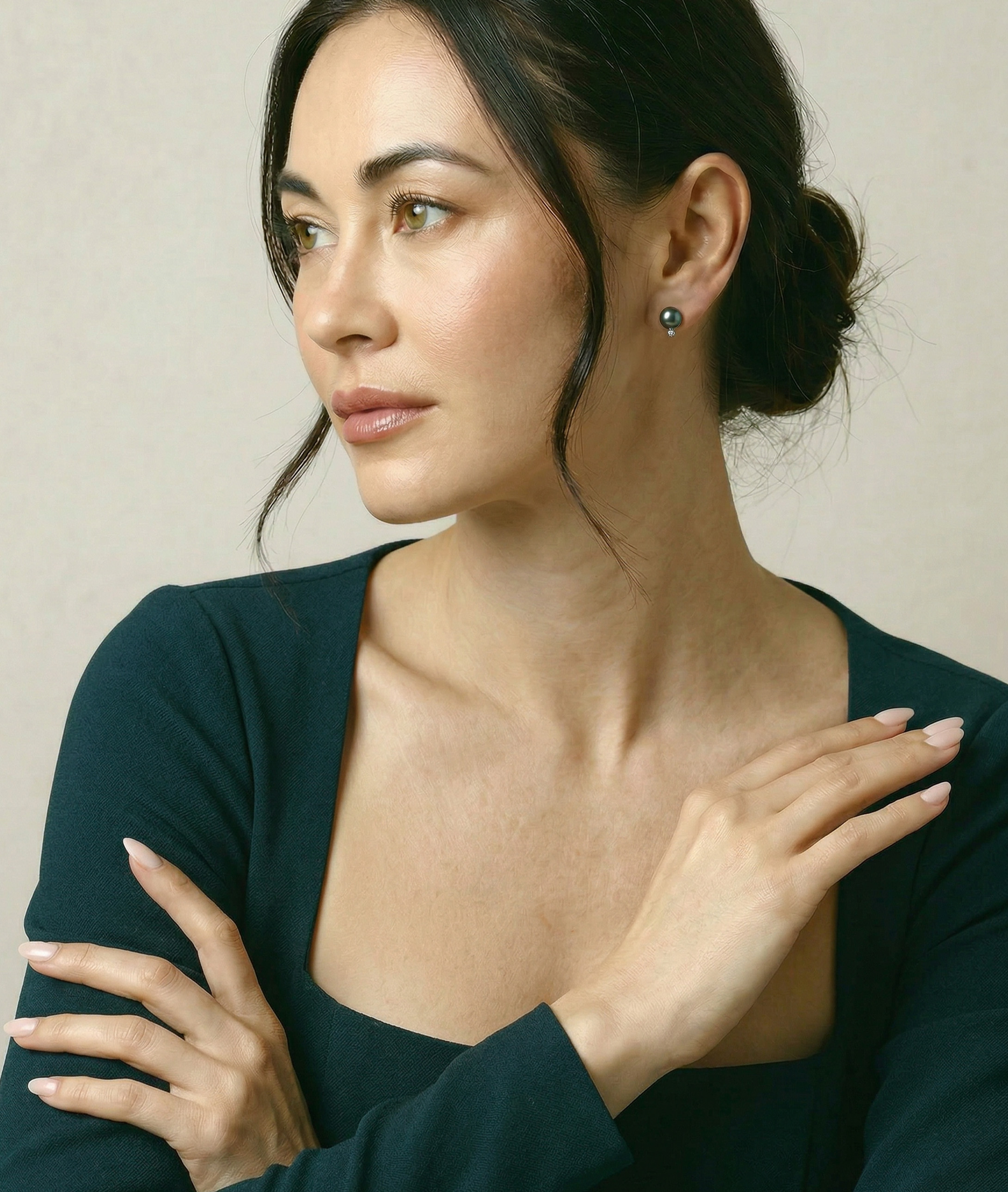 Tahitian South Sea Pearl & Diamond Sasha Earrings - Model Image