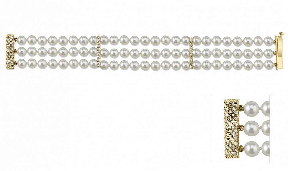 Hanadama Akoya Triple Pearl Bracelet with Diamonds