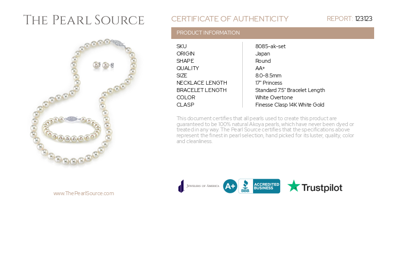 8.0-8.5mm Japanese Akoya White Pearl Set-Certificate