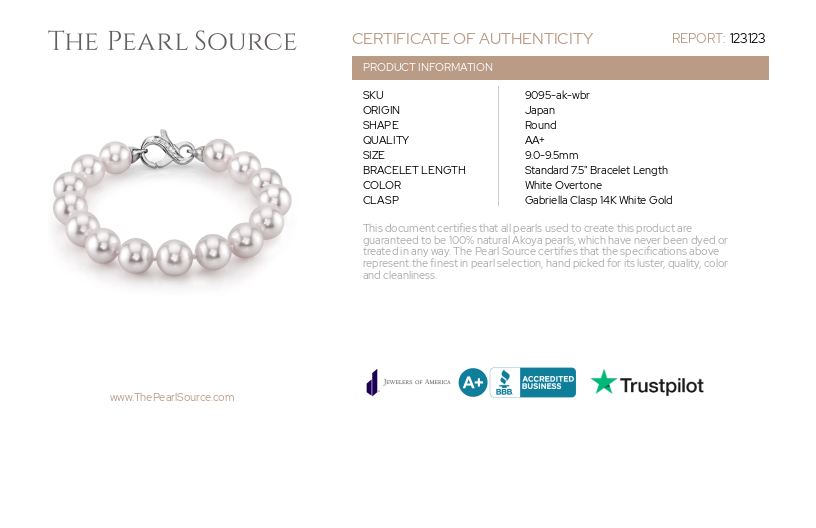 9.0-9.5mm Akoya White Pearl Bracelet-Certificate