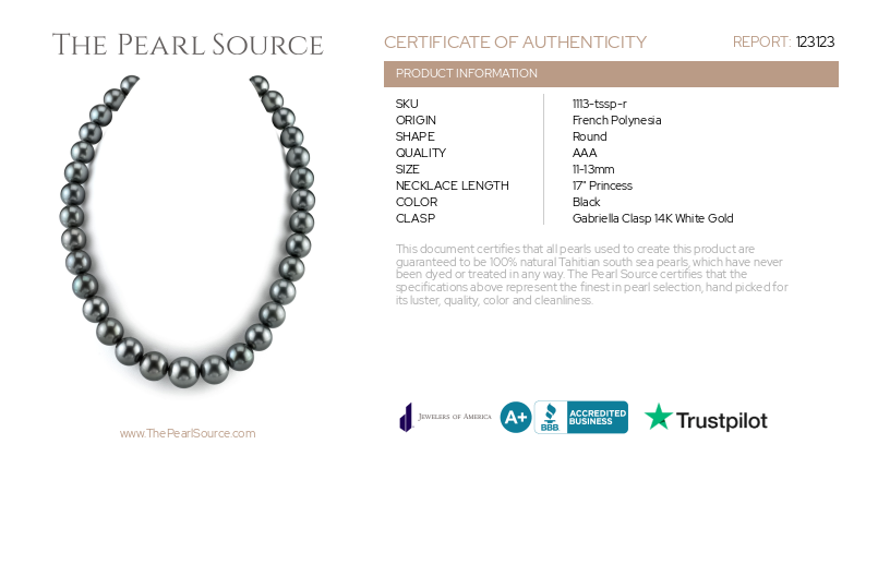 11-13mm Tahitian South Sea Pearl Necklace - AAA Quality-Certificate