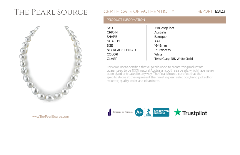 RARE 16-18.4mm South Sea Baroque Pearl Necklace-Certificate