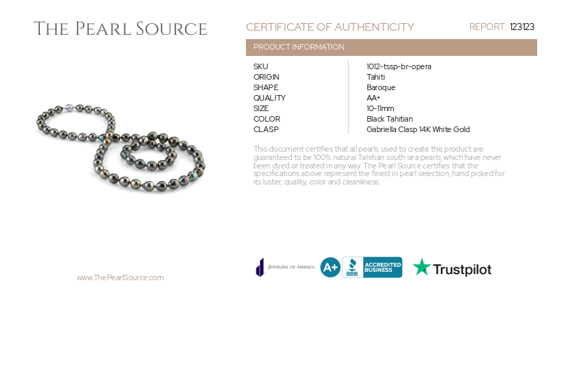 10-11mm Opera Length Tahitian South Sea Baroque Pearl Necklace-Certificate