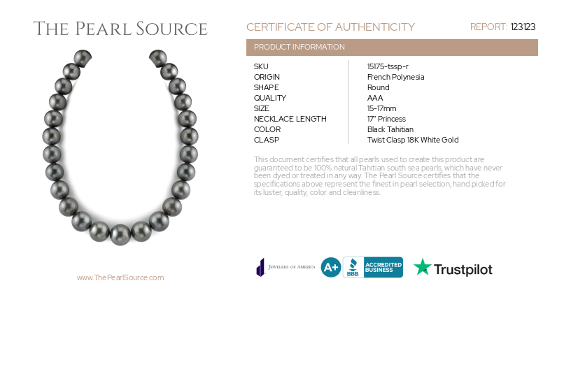 15-17mm Black Tahitian South Sea Pearl Necklace - AAA Quality-Certificate