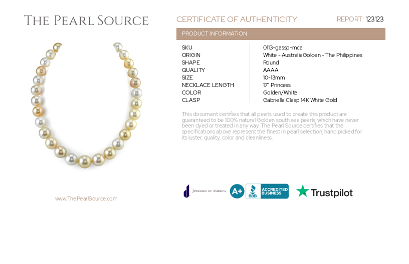 10-13mm Golden & White South Sea Multicolor Pearl Necklace - AAAA Quality-Certificate