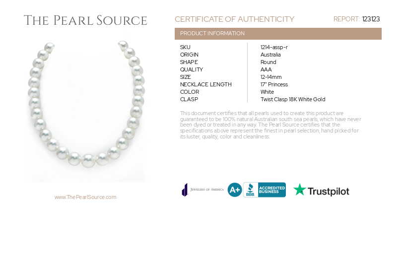 12-14mm White South Sea Pearl Necklace - Certified AAA+ Quality-Certificate