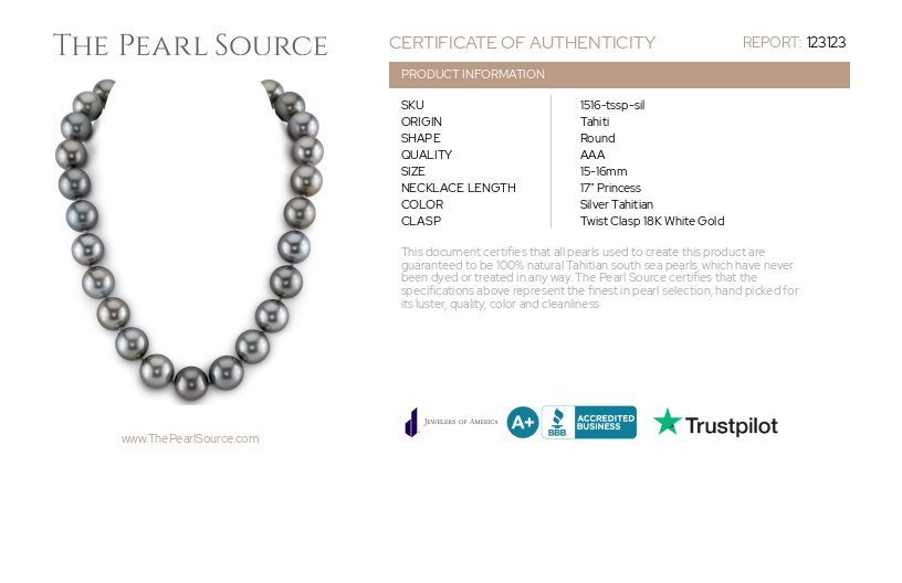 15-16mm Tahitian South Sea Pearl Necklace-Certificate