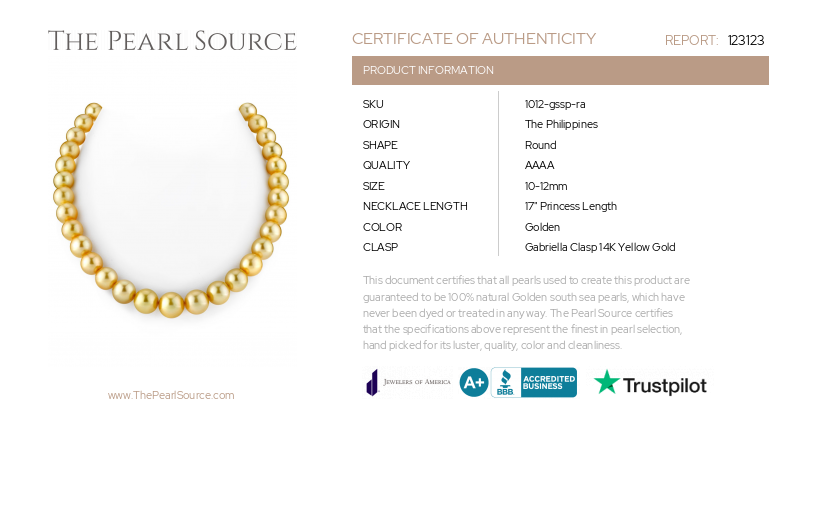 10-12mm Golden South Sea Pearl Necklace - AAAA Quality-Certificate