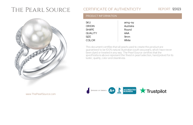 South Sea Pearl & Diamond Ivy Ring-Certificate