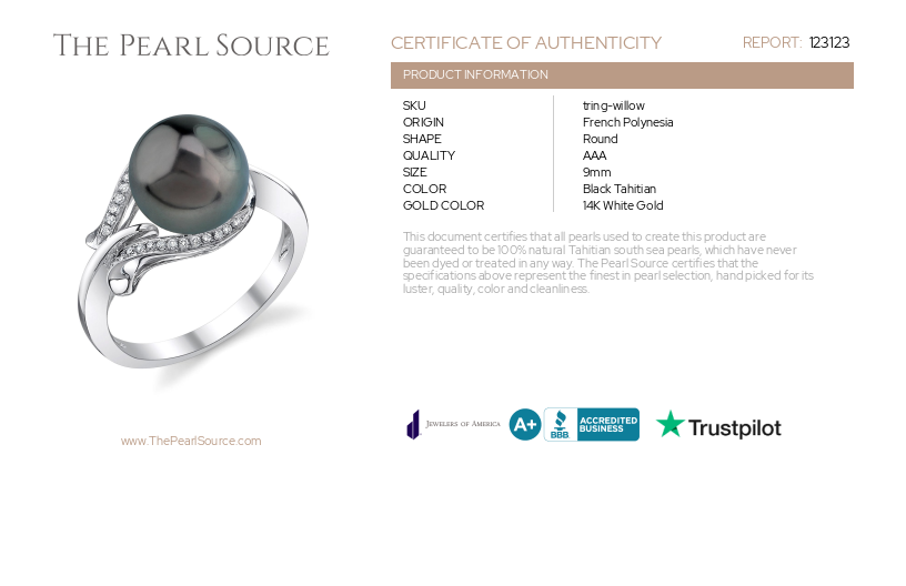 Tahitian South Sea Pearl & Diamond Willow Ring-Certificate