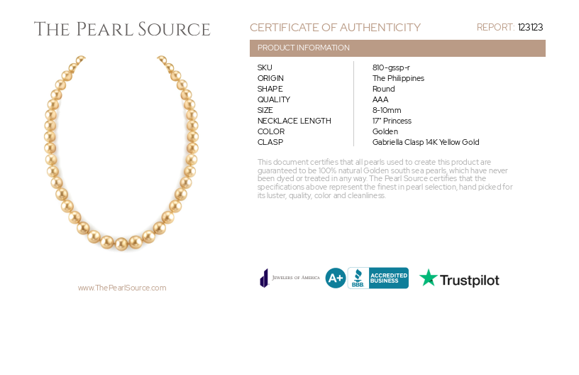 8-10mm Golden South Sea Pearl Necklace - AAA Quality-Certificate