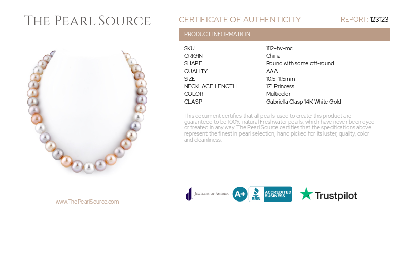 10.5-11.5mm Freshwater Multicolor Pearl Necklace - AAA Quality-Certificate