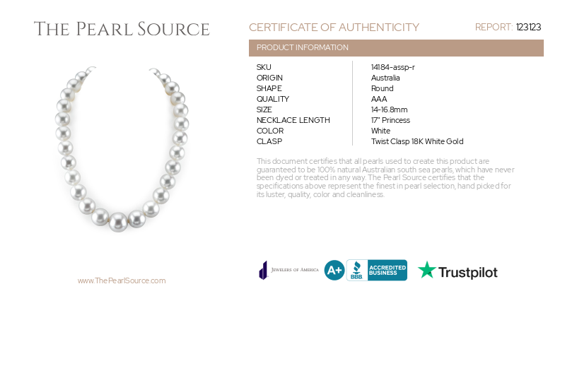 14-16.8mm White South Sea Pearl Necklace-Certificate