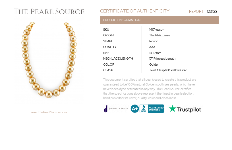 14-17mm Golden South Sea Pearl Necklace - AAA Quality-Certificate