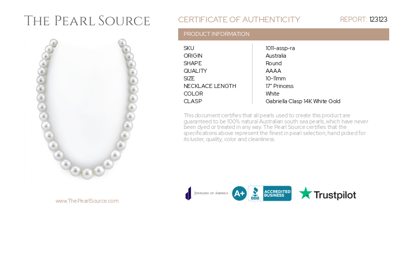 10-11mm White South Sea Pearl Necklace - AAAA Quality-Certificate