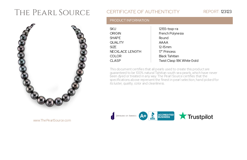 12-15mm Tahitian South Sea Pearl Necklace - AAAA Quality-Certificate