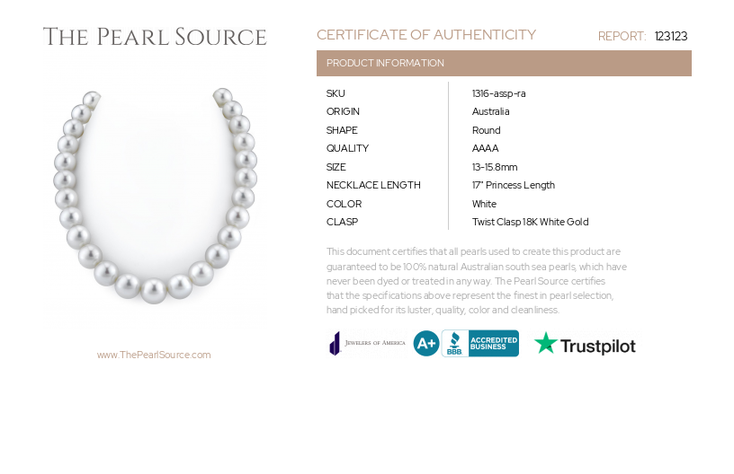 13-15.8mm White South Sea Pearl Necklace - AAAA Quality-Certificate