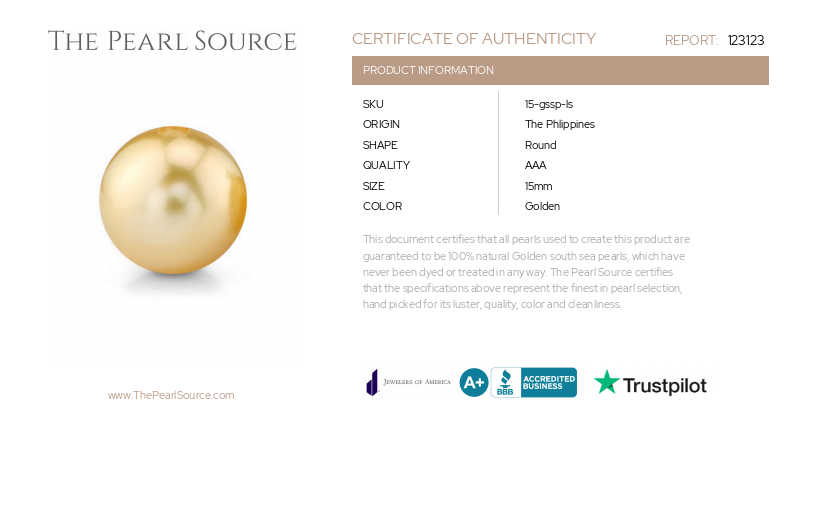 15mm Golden South Sea Loose Pearl-Certificate