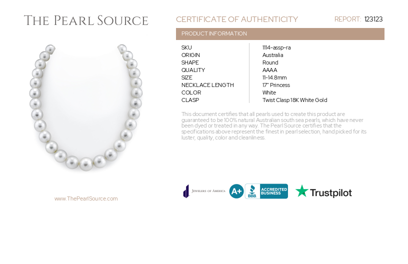 11-14mm White South Sea Pearl Gem Necklace - AAAA Quality-Certificate