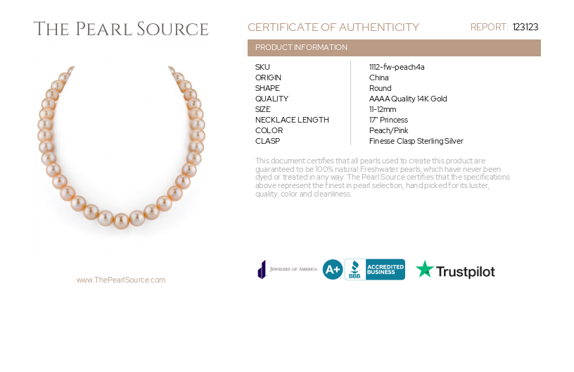 10.5-11.5mm Peach Freshwater Pearl Necklace- AAAA Quality-Certificate