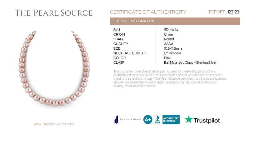 10.5-11.5mm Pink Freshwater Pearl Necklace- AAAA Quality-Certificate