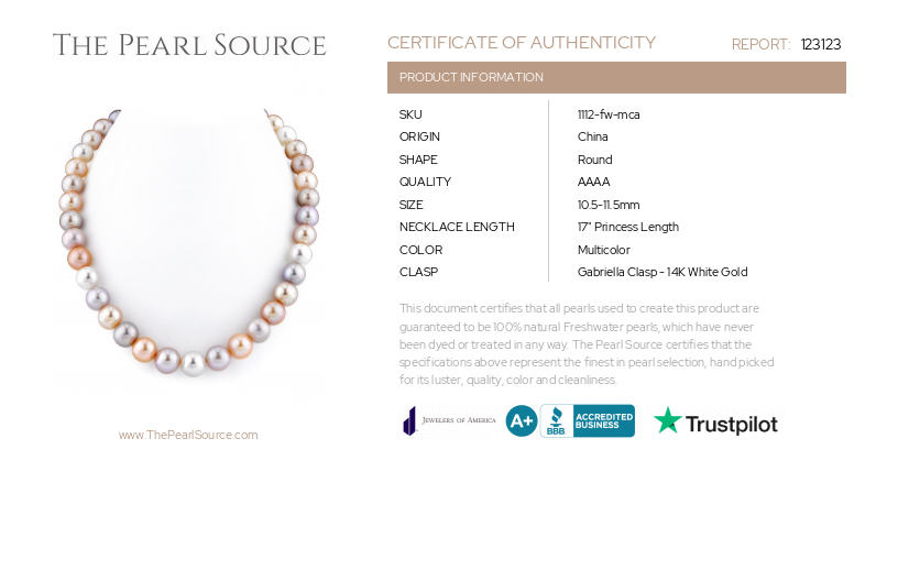 10.5-11.5mm Freshwater Multicolor Pearl Necklace - AAAA Quality-Certificate