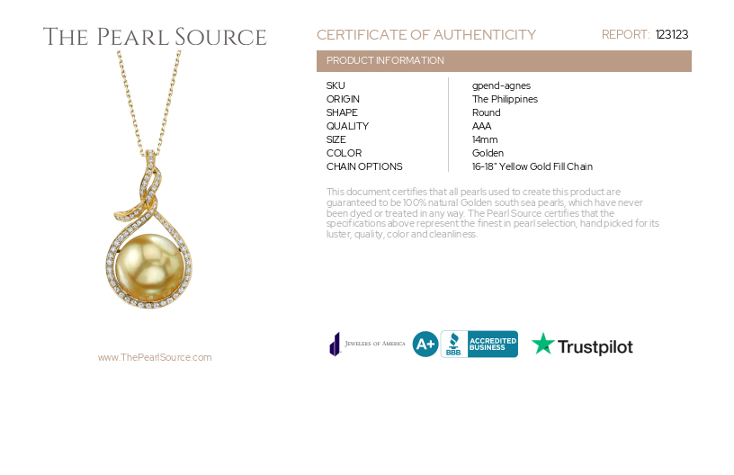 14mm Golden South Sea Pearl & Diamond Agnes Pendant-Certificate
