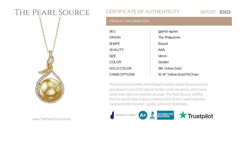 14mm Golden South Sea Pearl & Diamond Agnes Pendant-Certificate
