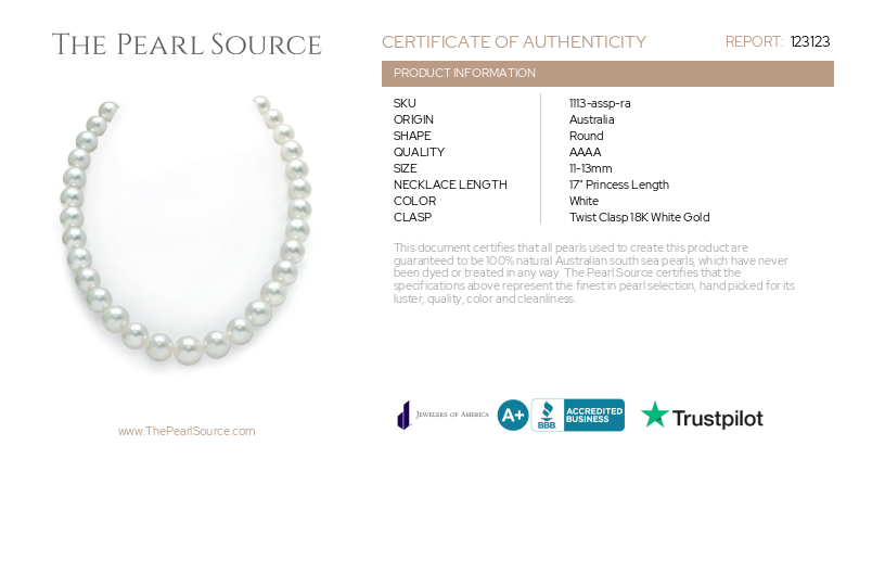 11-13mm White South Sea Pearl Necklace - AAAA Quality-Certificate