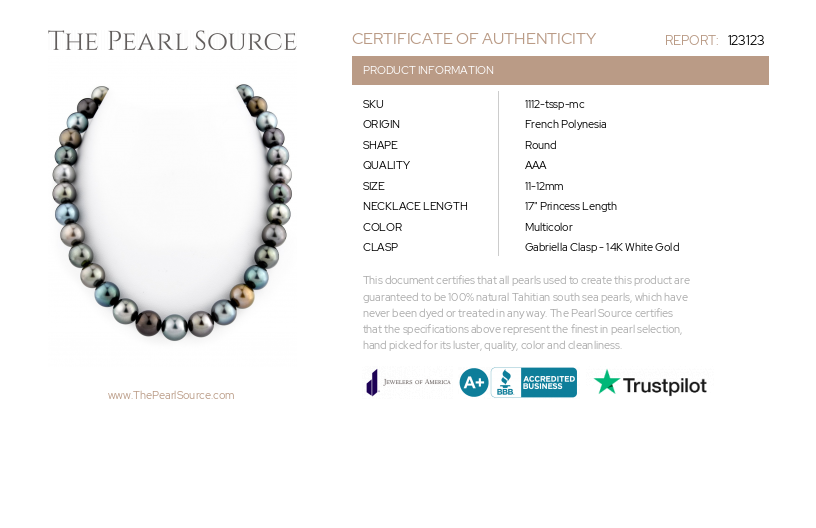 11-12mm Tahitian South Sea Multicolor Pearl Necklace-Certificate