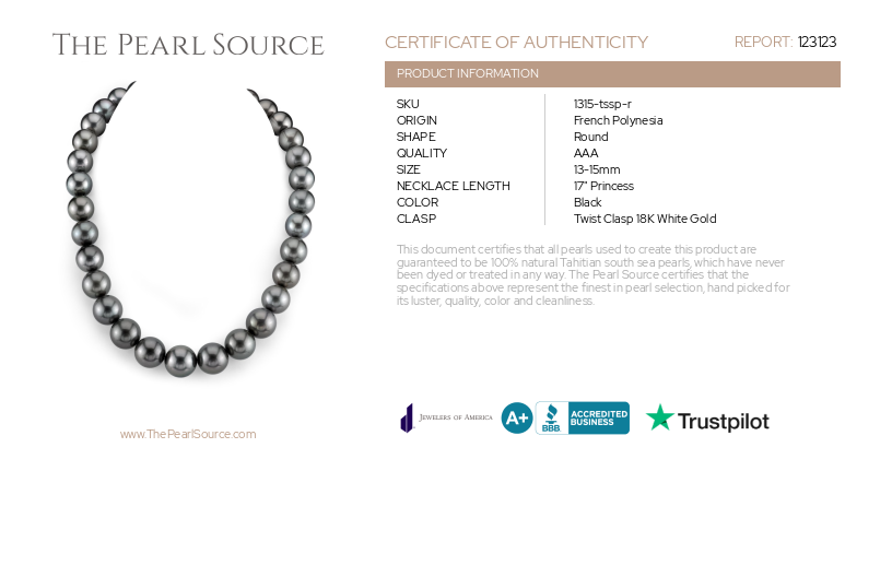 13-15mm Tahitian South Sea Pearl Necklace - AAA Quality-Certificate