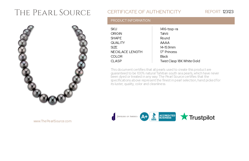 14-15.9mm Tahitian South Sea Pearl Necklace - AAAA Quality-Certificate