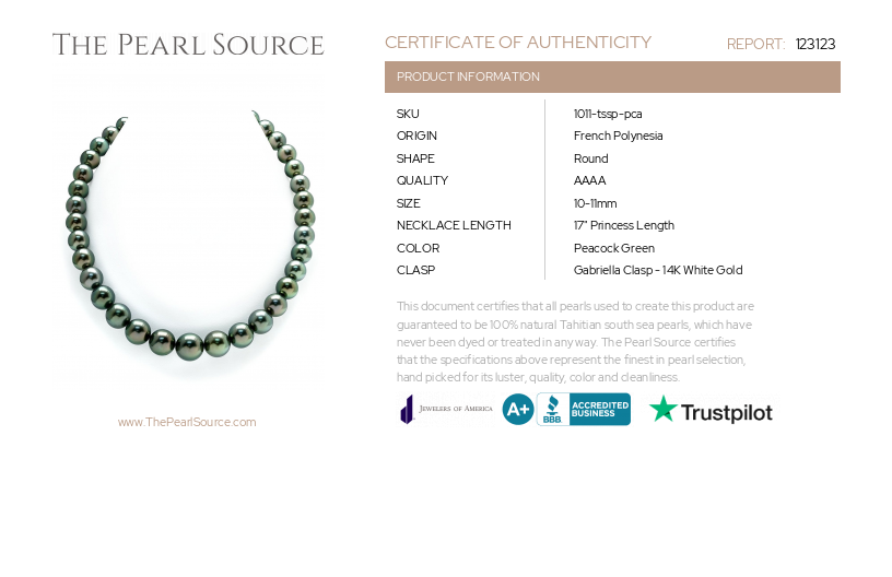 10-11mm Peacock Tahitian South Sea Pearl Necklace - AAAA Quality-Certificate