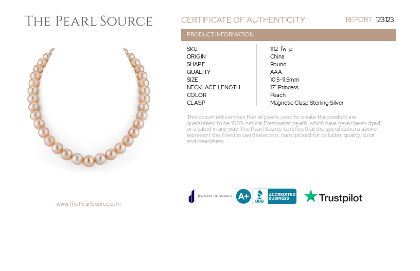 10.5-11.5mm Peach Freshwater Pearl Necklace - AAA Quality-Certificate